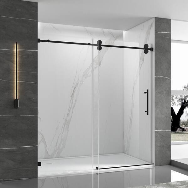 EPOWP 60 in. W x 76 in. H Single Sliding Frameless Shower Door in Matte Black Finish with Clear Glass