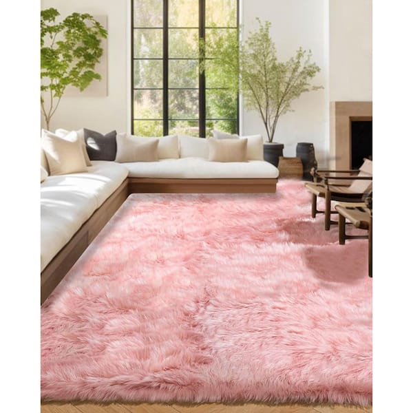 9X12 Large Area Rug Pink Fluffy Fuzzy Cozy Faux Fur Area Rug