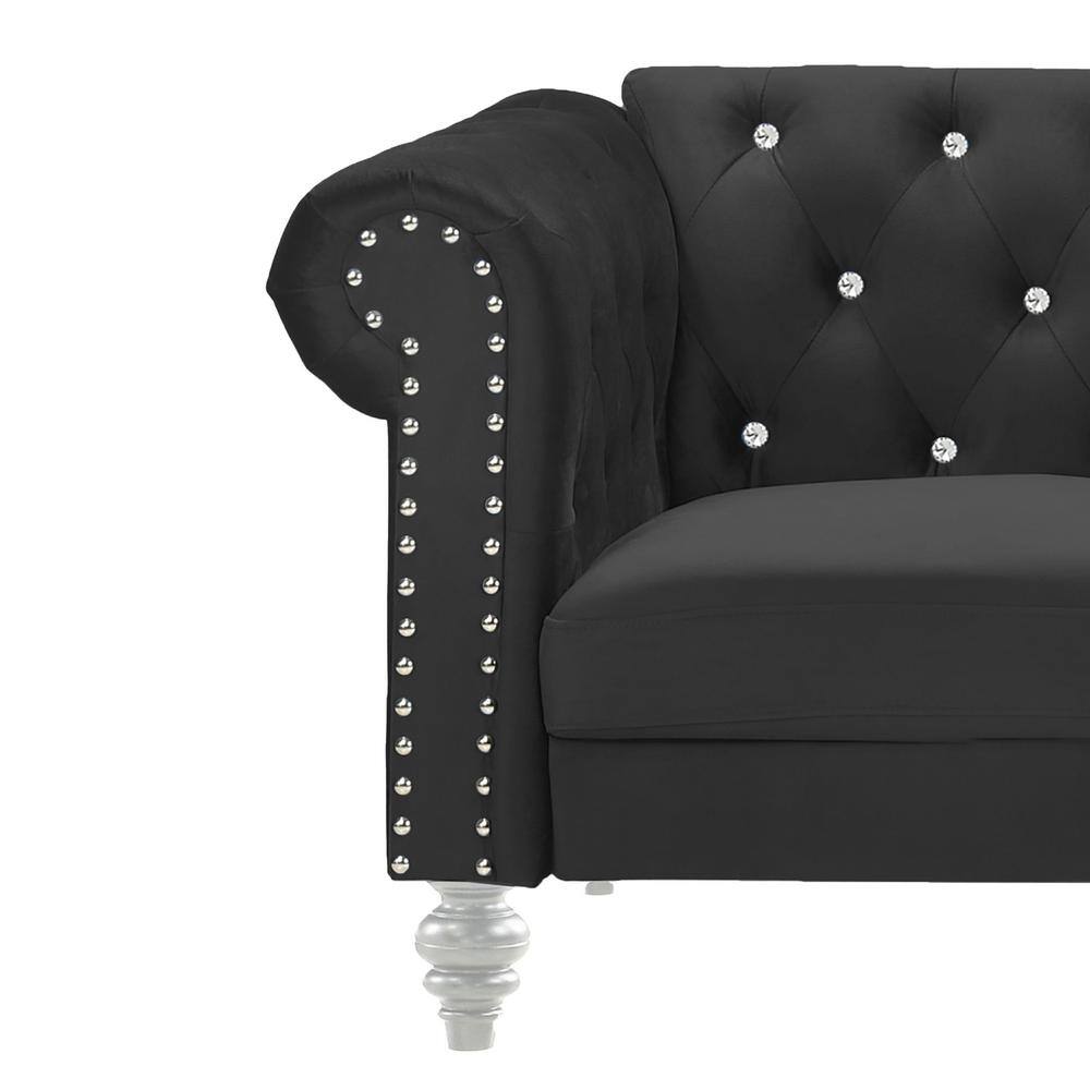 Emma Black Velvet Loveseat and Sofa Set with Silver Accents