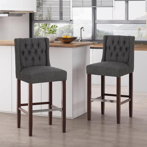 Noble House Bayliss 44.25 in. Charcoal High Back Wood Bar Height Foot Rest  Bar Stool with Fabric Seat (Set of 2) 83319 - The Home Depot