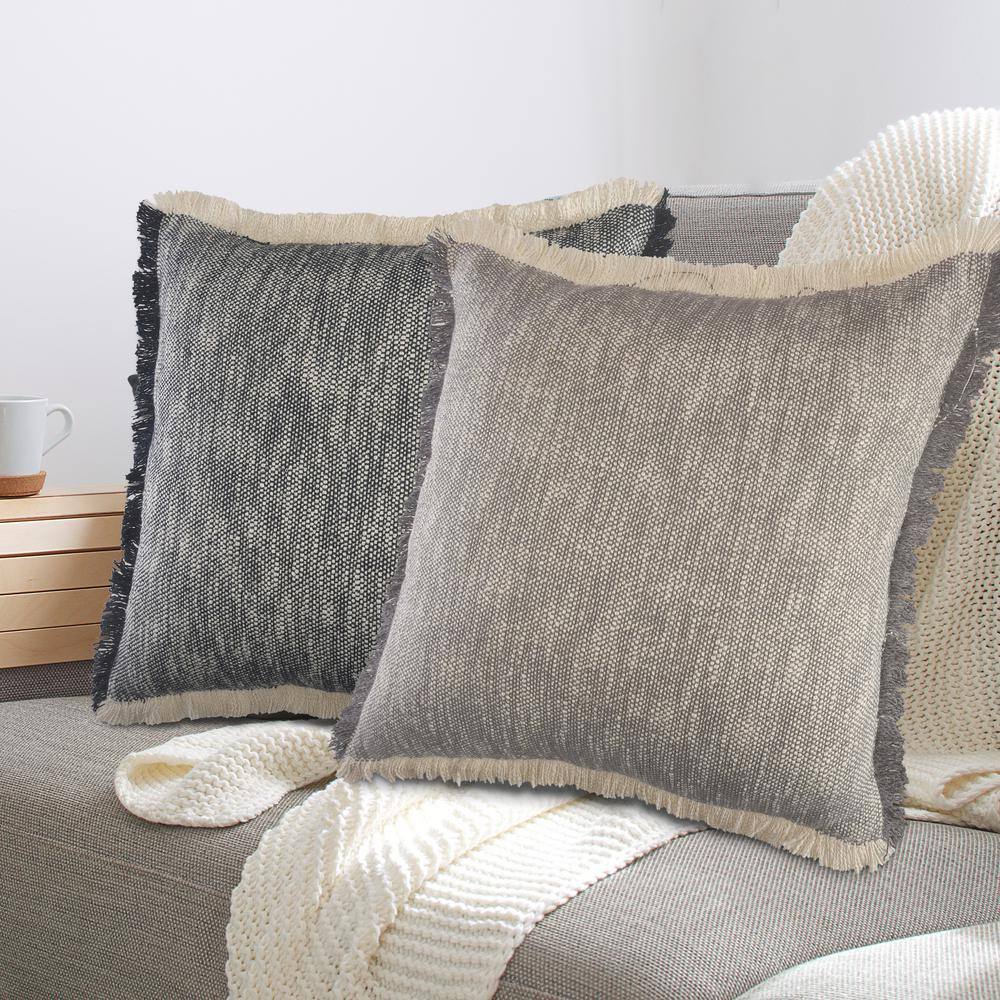 Gray and White Two-Tone Fringe Woven Throw Pillow, 20" x 20"