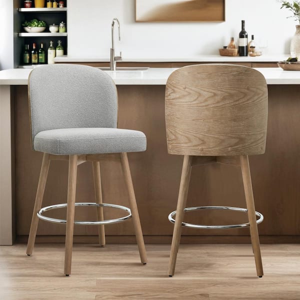 Spruce & Spring Eamon 26.4 in. Grey Swivel Counter Height Bar Stool with Fabric Seat, Bentwood Back and Wood Frame (Set of 2)
