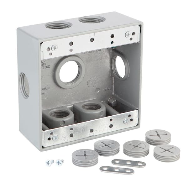 Commercial Electric 2-Gang Metallic Weatherproof Box with (7) 3/4 in. Holes and Side Lugs, Gray