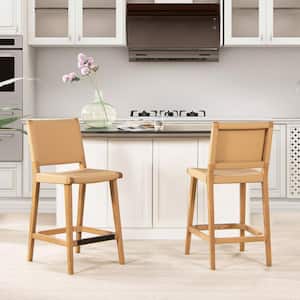 Pierre 26 in. Sunkissed Beige Mid Back Natural Wood Counter Stool with Leather Seat