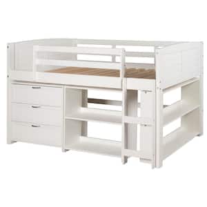 White Twin Louver Low Loft Bed with 3-Drawer Chest and 2-Sets of Shelves