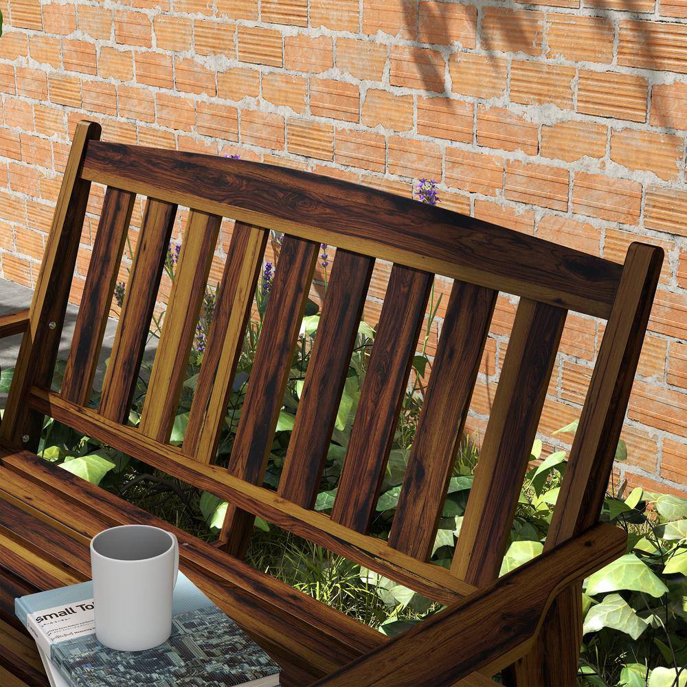 Outsunny Carbonized Fir Wood 2-Person Garden Bench with Cupholders