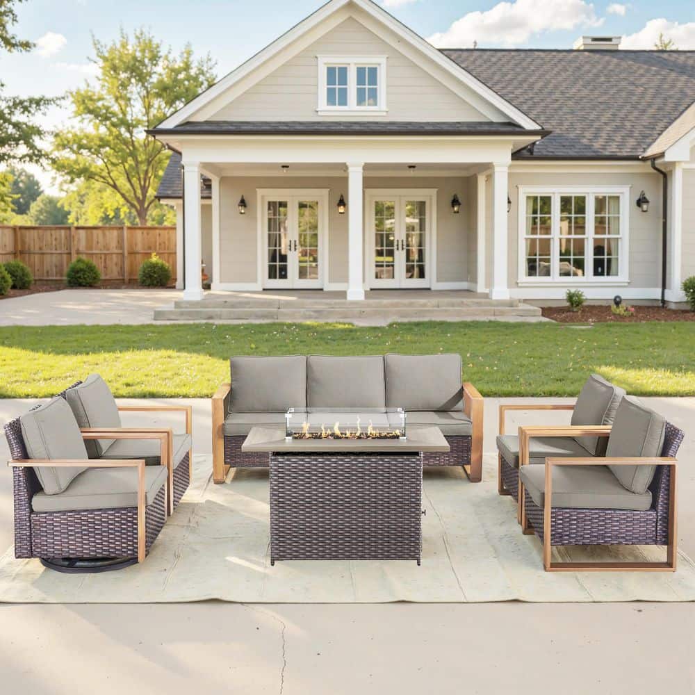 Kove Brown 6-Piece Wicker Patio Conversation Seating Set with Gray Cushions, Fire Pit Table, Swivel Glider price history on PriceWatchPro