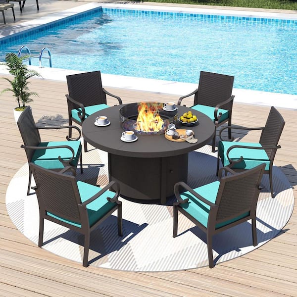 Halmuz 7-Piece Metal Patio Conversation Set with 48 in. Round Fire Pit Table, Wind Guard, 6 Back-Weaving Chairs, Cushion Blue