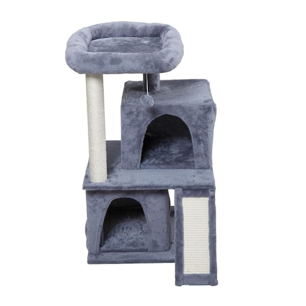 Tatayosi Double-Layer Cat Tree with Cat House and Ladder and 1 Plush Hanging Ball, Light Gray
