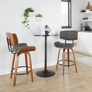 Lombardi 26.75 in. Grey Faux Leather, Walnut Wood and Black Metal Fixed-Height Counter Stool Round Footrest (Set of 2)