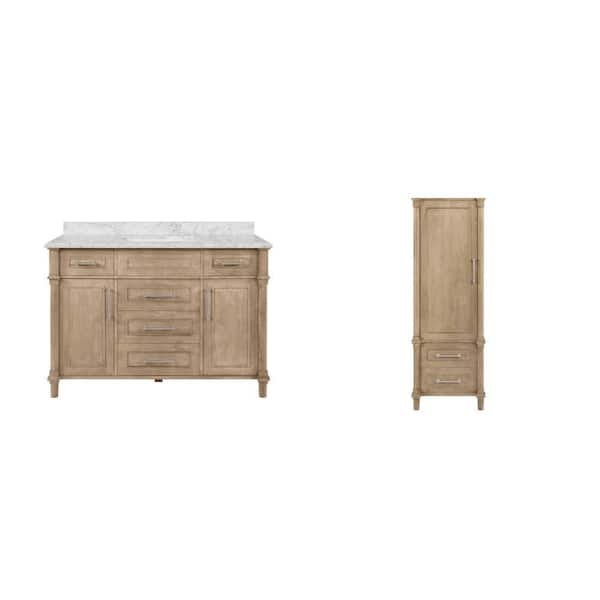 Aberdeen 48 in. Antique Oak Vanity with Carrara Marble Top and 21 in. x 14 in. x 60 in. Linen Cabinet