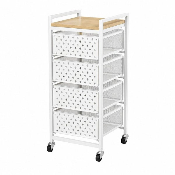 5-Tier Kitchen Fruit Baskets with Wheels, Wood Top and Metal Drawers, Utility Fruit Vegetable Storage Rack Stand, White