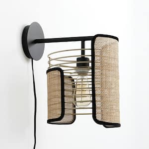Mazal - 15.25 in. 1-Light Natural Bamboo Wicker Wall Sconce with black Velvet Stitching No Bulb Included