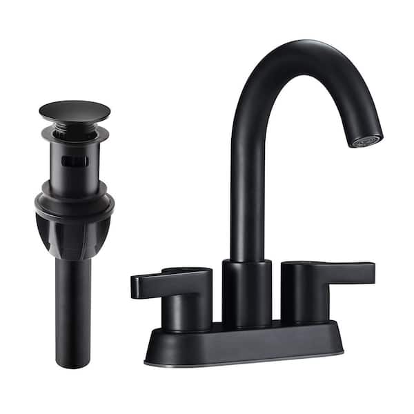 Fapully Deck Mount Double Handle 4 in. Centerset Double Handle High Arc Bathroom Faucet with Drain Kit Included in Matte Black