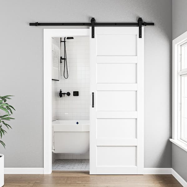 ARK DESIGN 30 in. x 84 in. Paneled 5-Lites White MDF with PVC Prefinished Sliding Barn Door Slab with Installation Hardware Kit