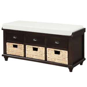 Rustic Storage Bench Entryway Espresso with 3-Drawers and 3 Rattan Baskets, Shoe Bench for Living Room
