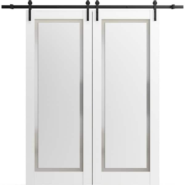 30 in. x 84 in. 2 Panel Frosted Glass Painted White Solid Wood Sliding Barn Door with Hardware Kit