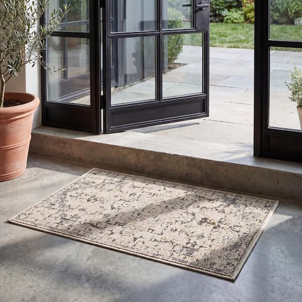 Madison 2 ft. x 3 ft. Ivory/Gray Gold Distressed Border Area Rug