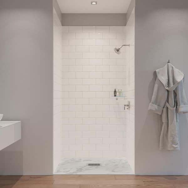 48 in. L x 34 in. W x 1.125 in. H Solid Composite Stone Alcove Shower Pan Base with Center Drain in Carrara Sand