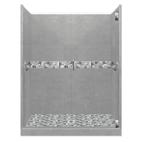 American Bath Factory Newport Grand Hinged 36 in. x 42 in. x 80 in. Center Drain Alcove Shower Kit in Wet Cement and Satin Nickel Hardware