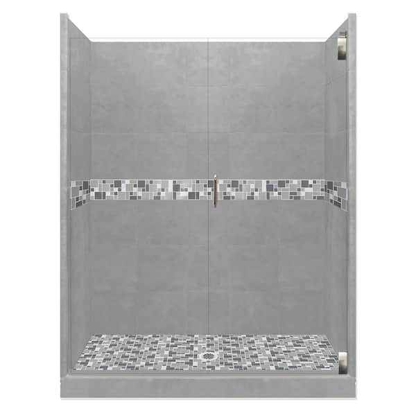 American Bath Factory Newport Grand Hinged 42 in. x 48 in. x 80 in. Center Drain Alcove Shower Kit in Wet Cement and Satin Nickel Hardware