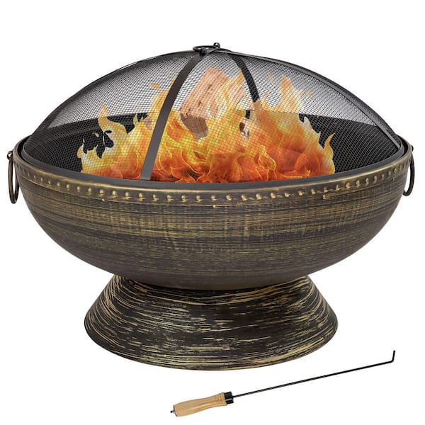 Sunnydaze 30 in. x 24 in. Round Bronze Steel Wood Burning Fire Bowl with Handles and Spark Screen