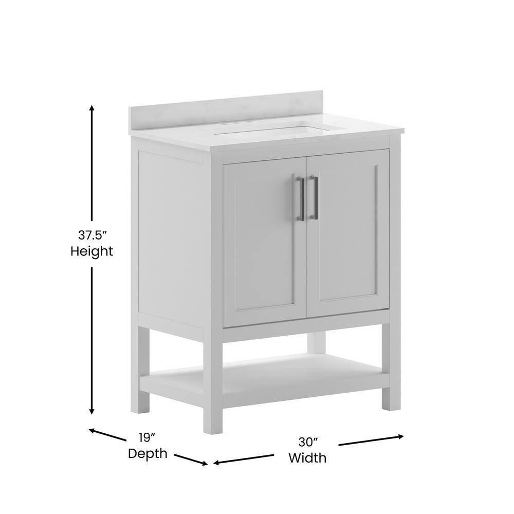 30" White Freestanding Bathroom Vanity with Carrara Marble Countertop