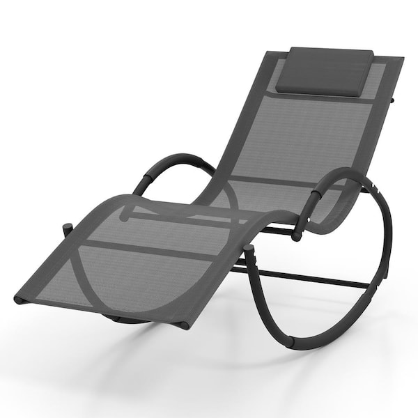 ANGELES HOME Metal Outdoor Rocking Chair Lounge Chair with Removable Headrest-Gray