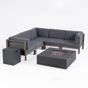 Oana Grey 7-Piece Wood Patio Fire Pit Sectional Seating Set with Dark Grey Cushions