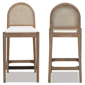 Panama 26.5 in. Ivory White Boucle Modern Curved Mid Back Cane Rattan Kitchen Counter Height Bar Stool Set of 2