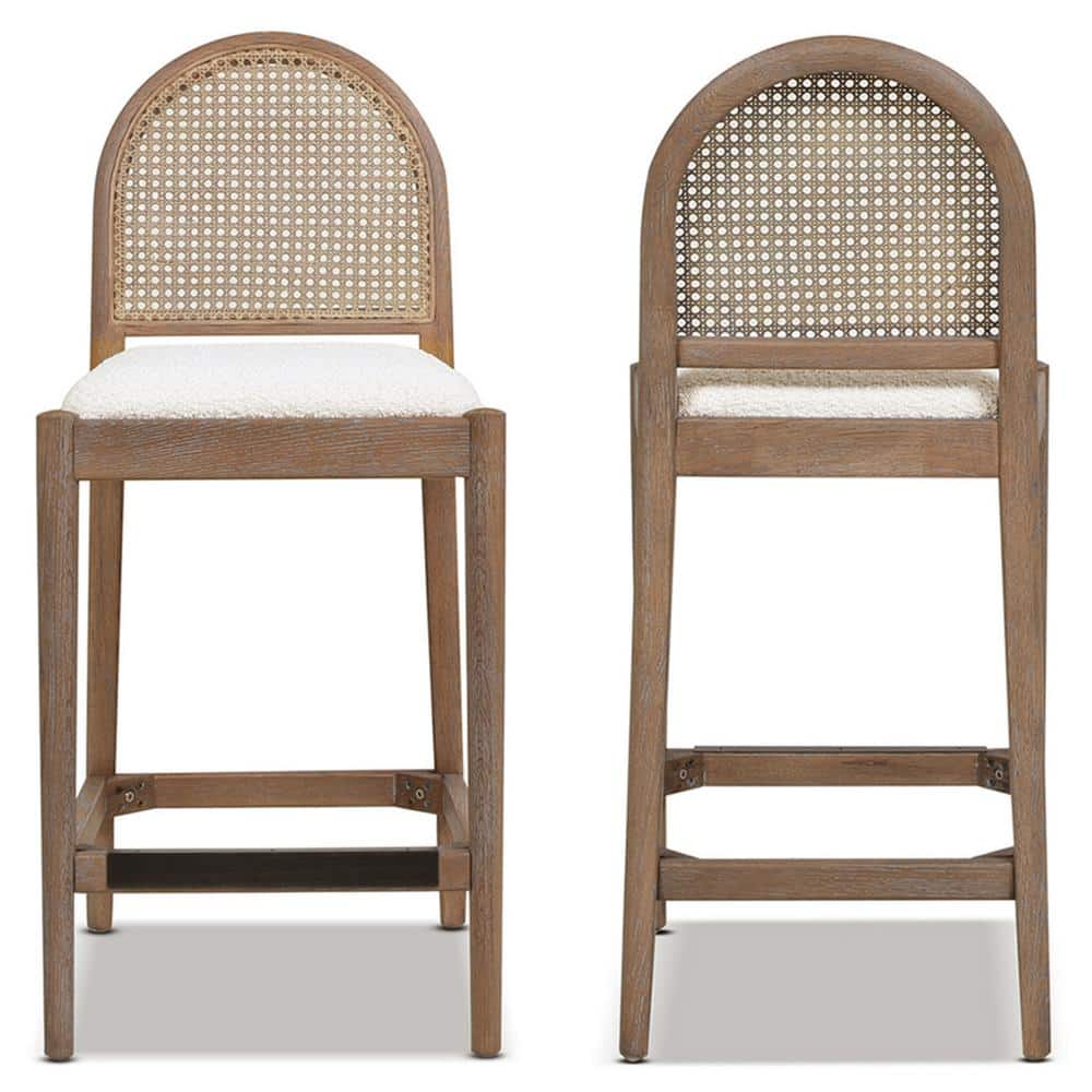 Ivory White Boucle and Oak Curved Bar Stools, Set of 2