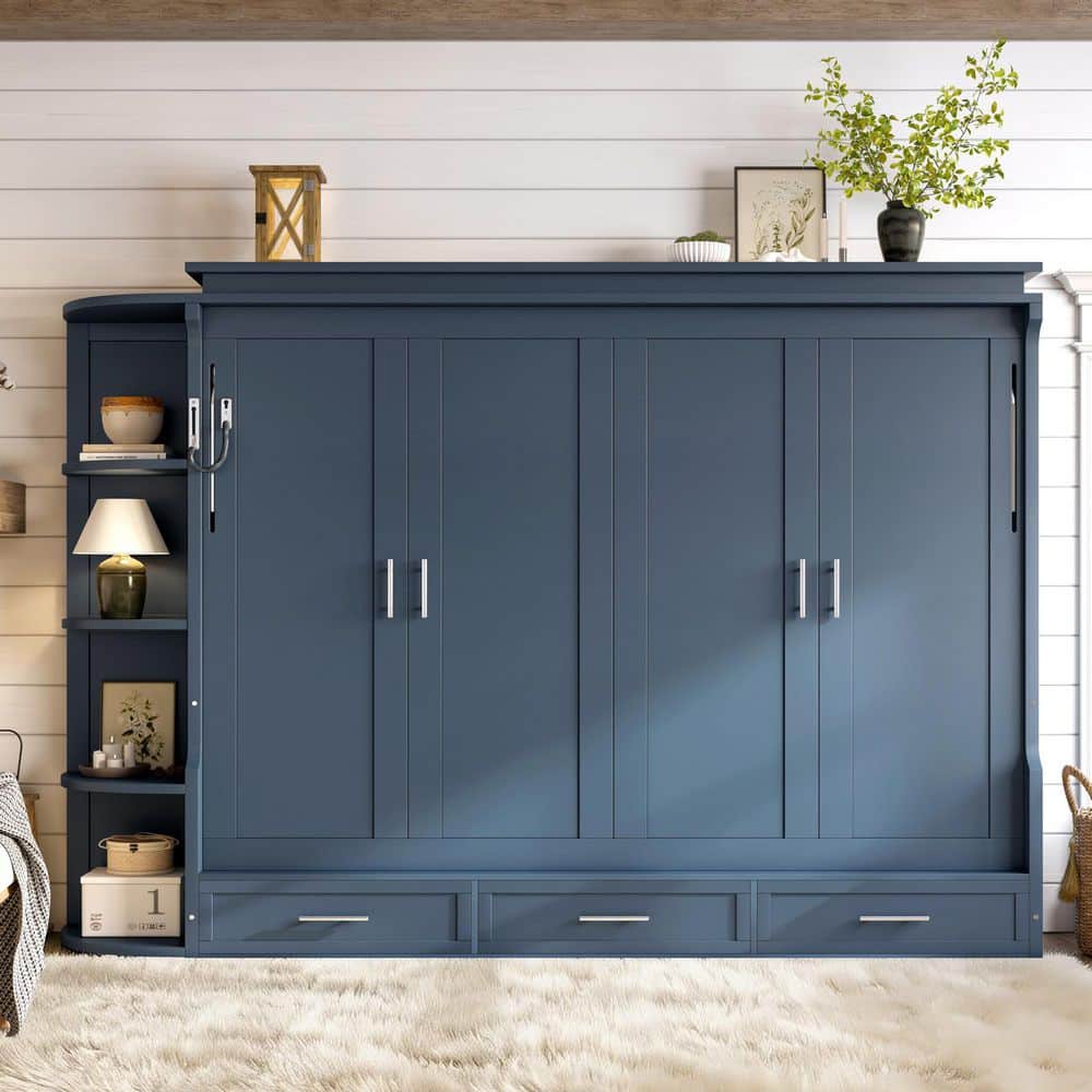 Noble House Bosco Blue Wood Frame Queen Size Murphy Bed with Shelf