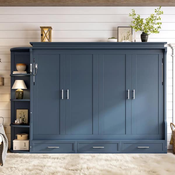 Bosco Blue Wood Frame Queen Size Murphy Bed with Shelf, Side Cabinets and 3 Drawers