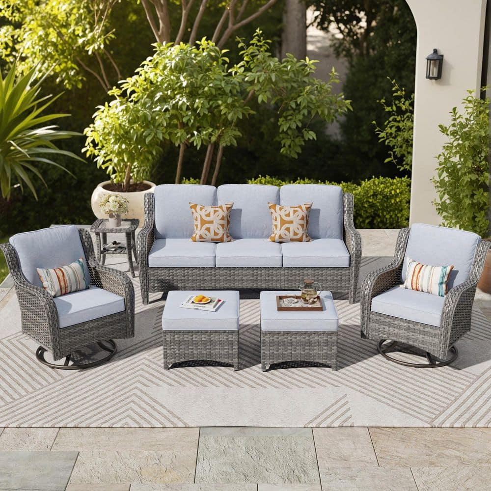 Lotus Gray 6-Pieces Wicker Patio Conversation Seating Sofa Set with Gray Cushions and Swivel Rocking Chairs price history on PriceWatchPro