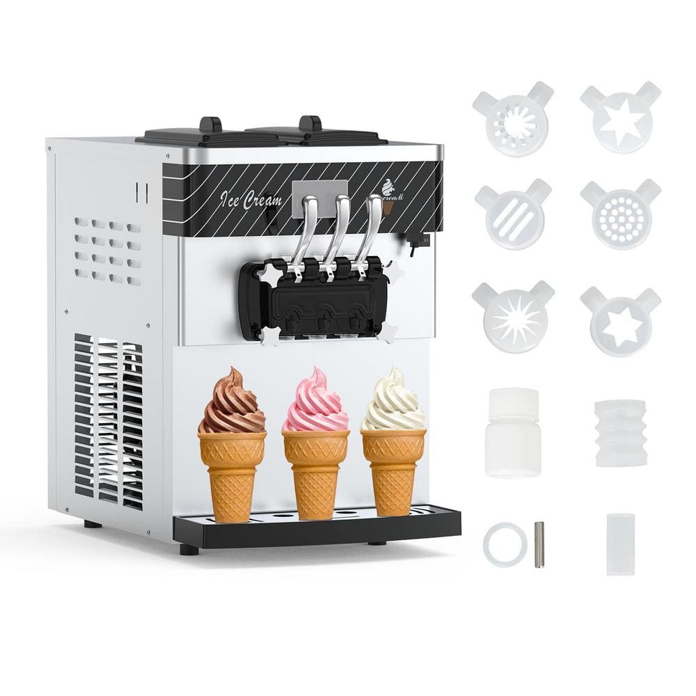 WhizMax Commercial Ice Cream Maker, 5.8-8 gal./H 3 Flavors Countertop Soft Serve Ice Cream Machine with LCD Display, Silver