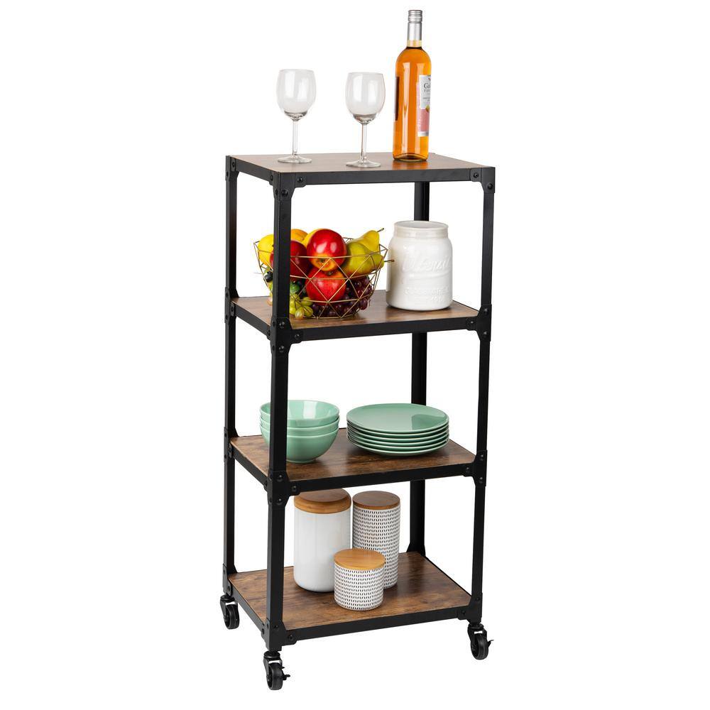 Brown Wood and Black Metal 4-Tier Rolling Utility Cart