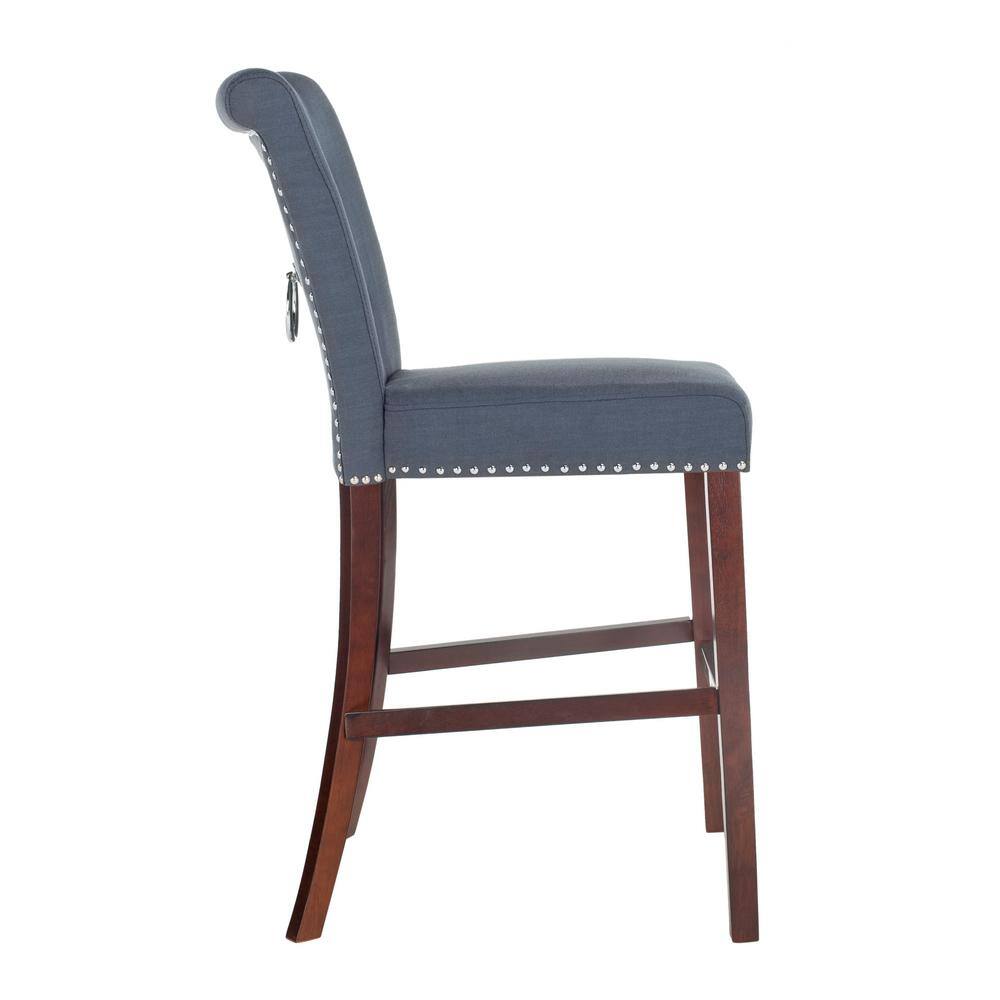 Elegant Transitional Navy Blue Bar Stool with Metal Accents, Set of 2