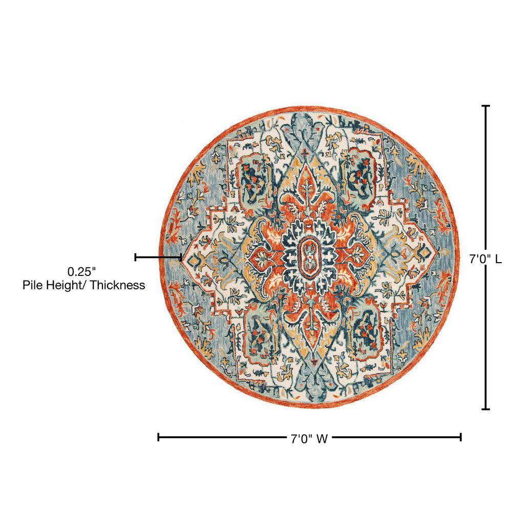 Blue and Rust Round Tufted Wool Floral Rug