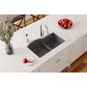 Quartz Classic 33 in. Undermount Offset 60/40 Double Bowl Dusk Gray Granite/Quartz Composite Kitchen Sink Only