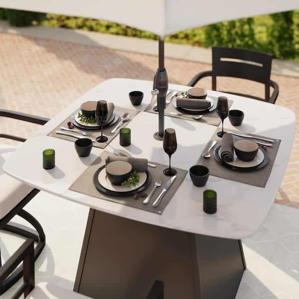 Cavallo White 5-Piece Aluminum Rounded Square Outdoor Dining Set with Sunbrella Cast Silver Cushions and 4 Swivel Rocker