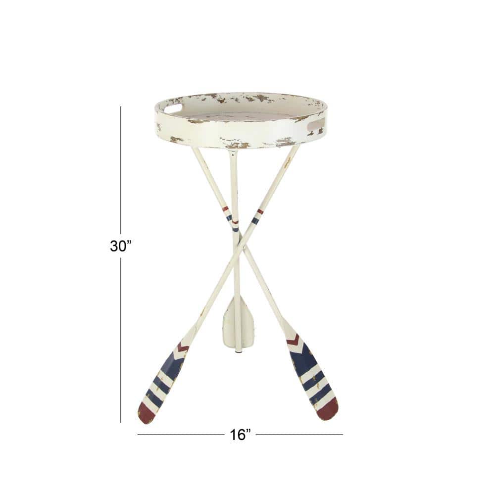 White Metal Ship Wheel Top Accent Table with Paddle Legs