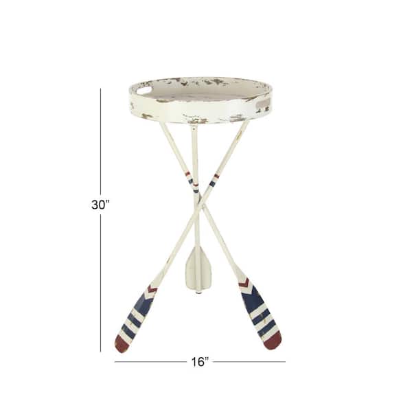 16 in. White Ship Wheel Top Large Round Metal End Accent Table with Oar Shaped Legs