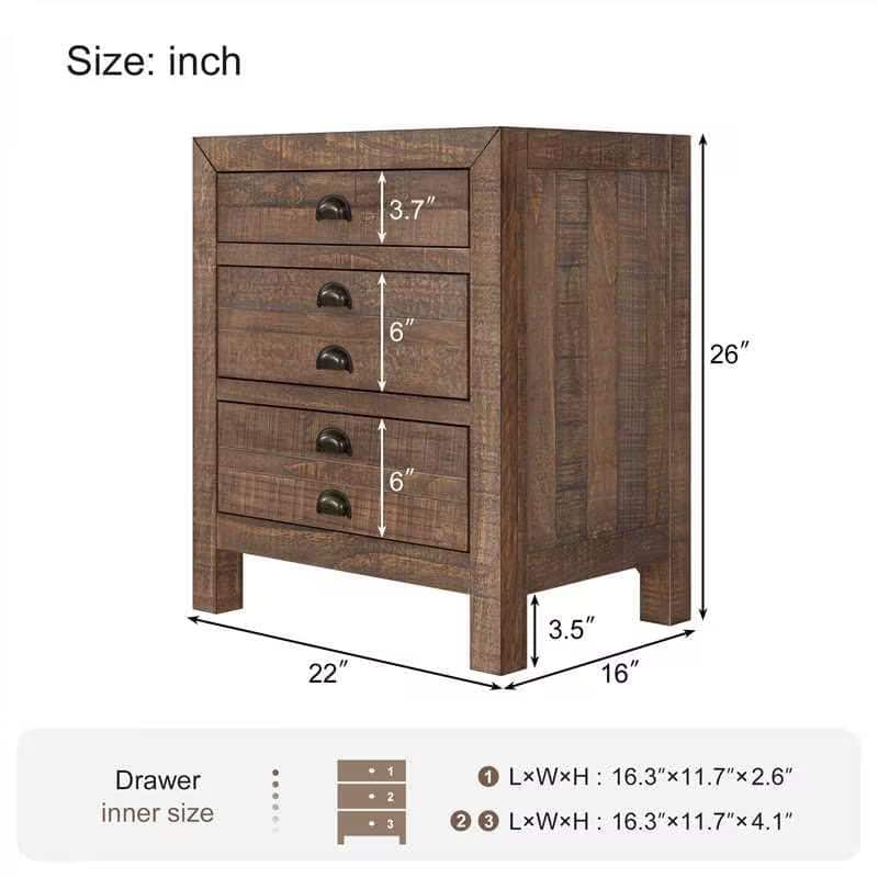 Rustic Brown Solid Pine Wood 3-Drawer Nightstand with Cup Pulls