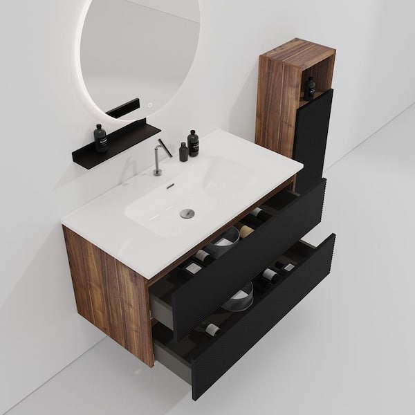 Glory 36 in. Single Sink Wall Mounted Walnut with Soft Black Panel Bath Vanity with White Integrated Ceramic Top Sink