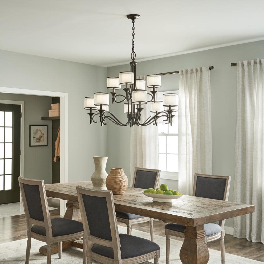 Mission Bronze 12-Light Drum Chandelier with Satin Etched Glass