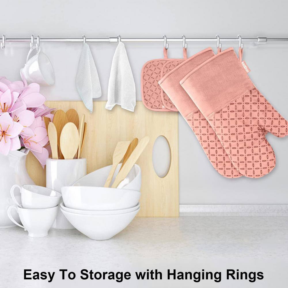 Pink Silicone and Cotton 6-Piece Oven Mitts and Pot Holders Set