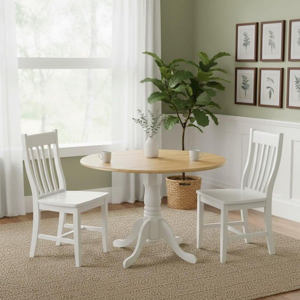 International Concepts White and Natural Drop-Leaf Dining Table