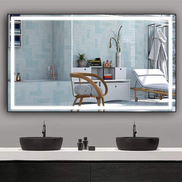 84 in. W x 48 in. H Rectangular Aluminum Framed Anti-Fog Dimmable Wall Mounted LED Bathroom Vanity Mirror in Matte Black