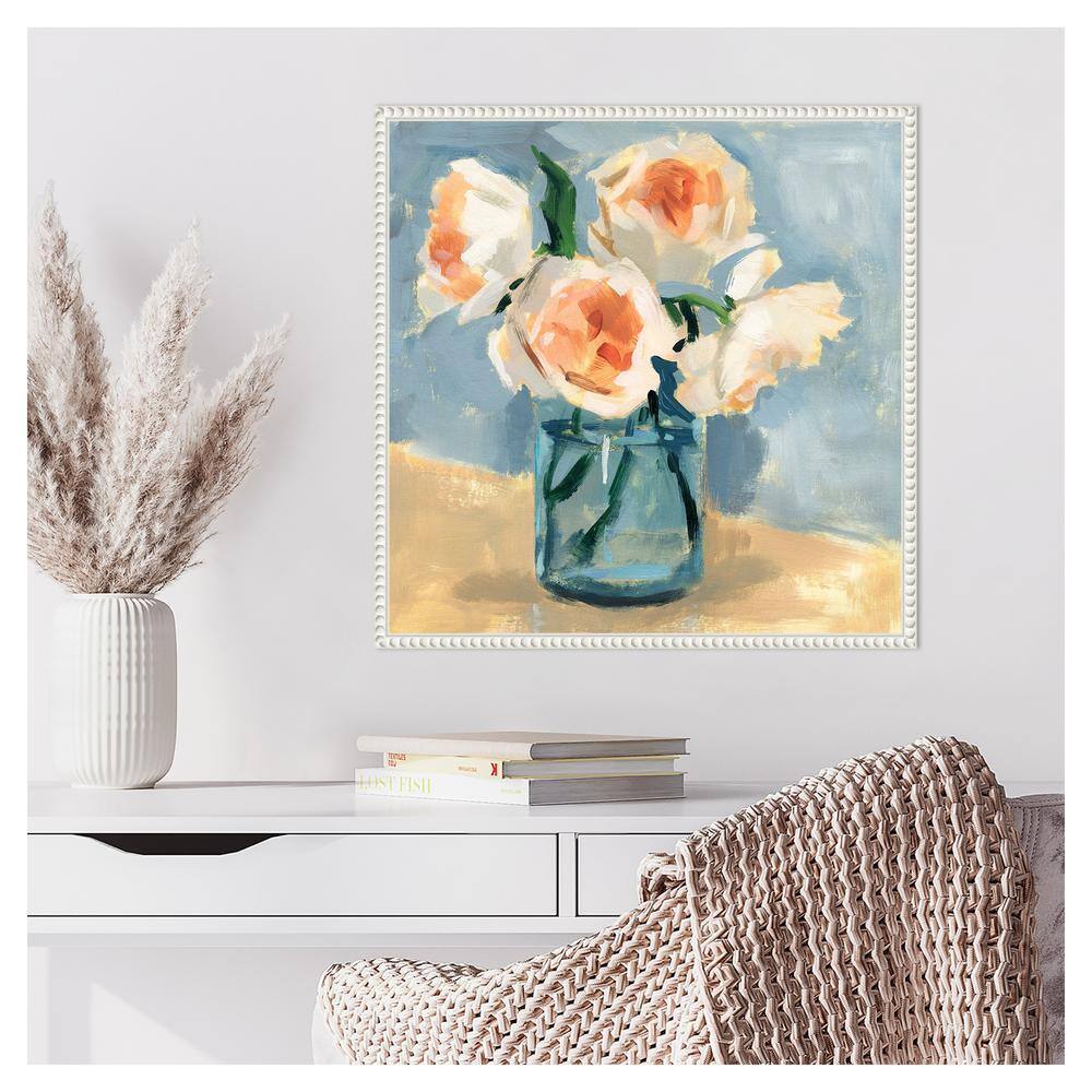 Peonies in Mason Jar II 22"x22" White Framed Canvas Wall Art