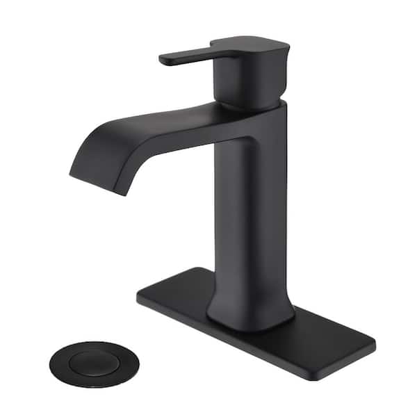 Single Handle Single Hole Bathroom Faucet with Deckplate Included and Pop-Up Drain in Matte Black